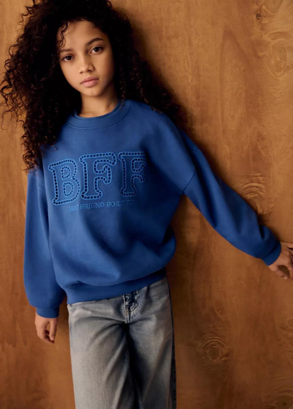 Blue Oversized Embroidered Sweatshirt, Kids Girls, Bright Blue, large image number 3