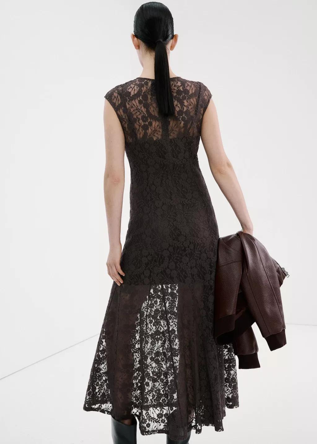 Brown Combined Lace Dress, Brown, medium