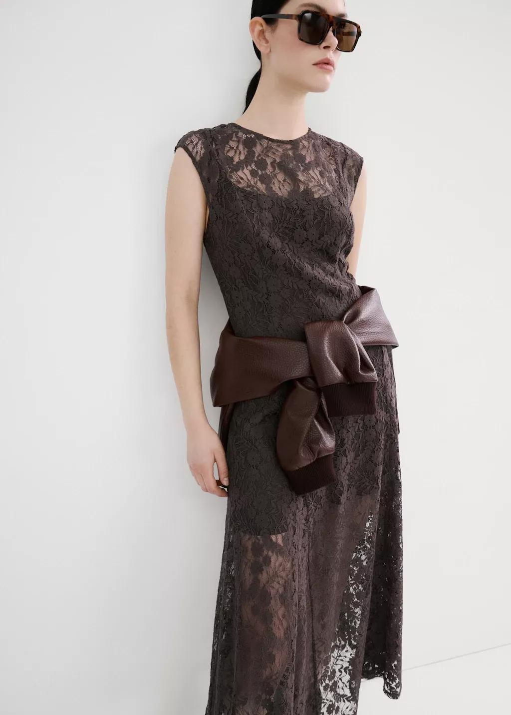 Brown Combined Lace Dress, Brown, large image number 3