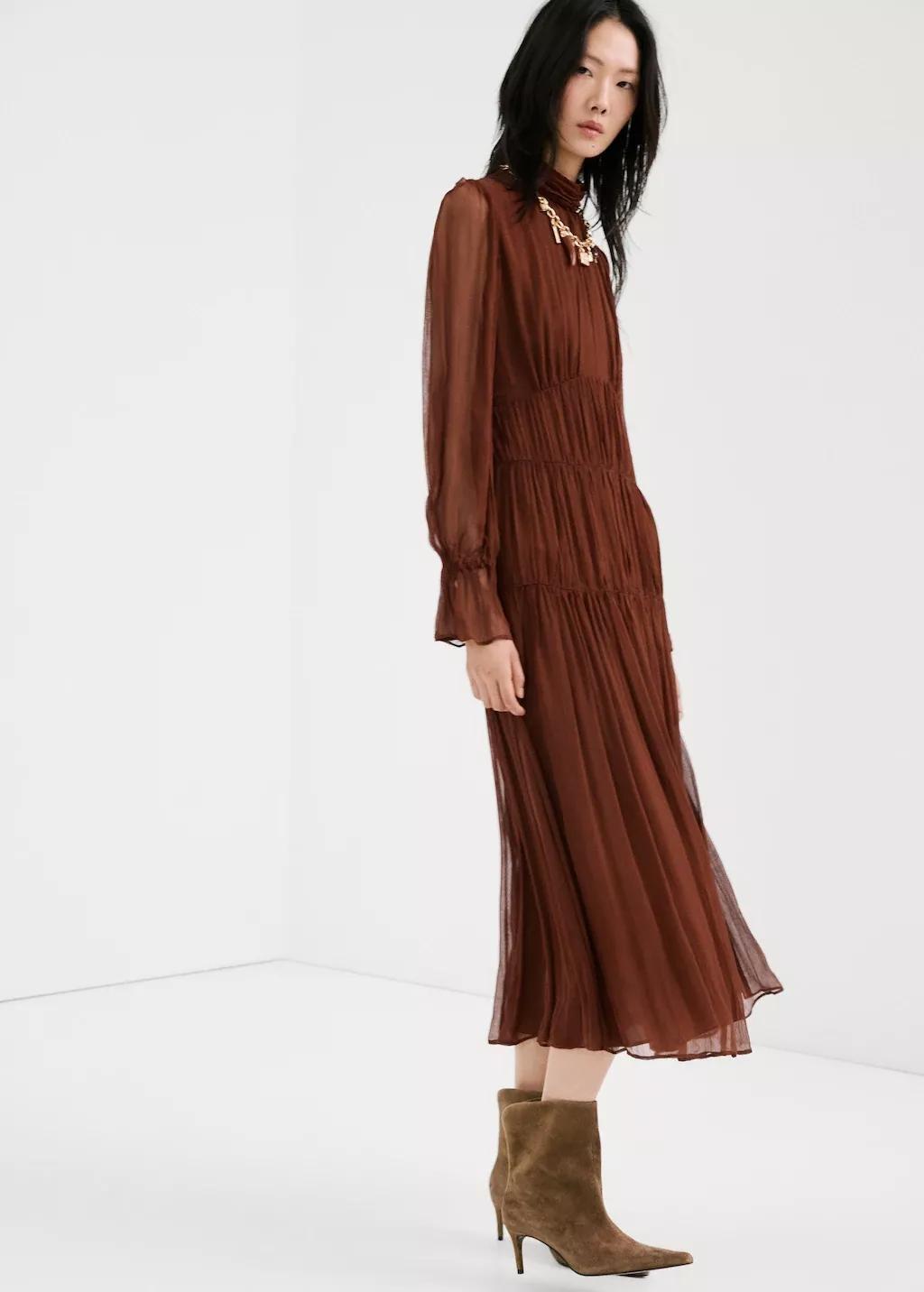 Brown Pleated Chiffon Dress, Dark Brown, medium