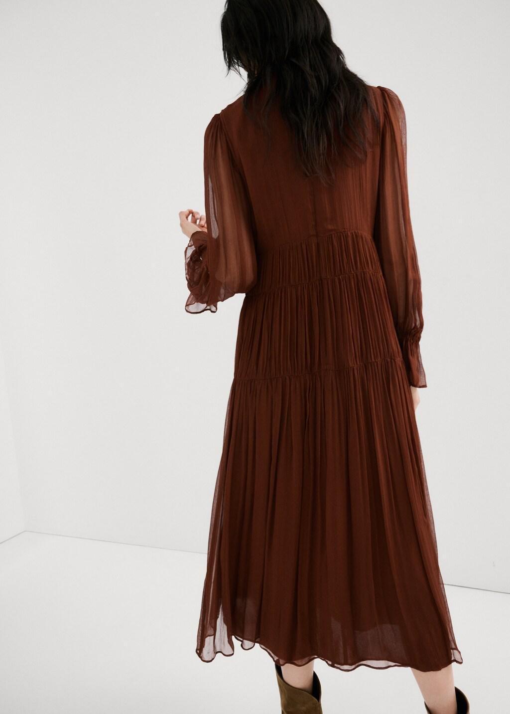 Brown Pleated Chiffon Dress, Dark Brown, large image number 2