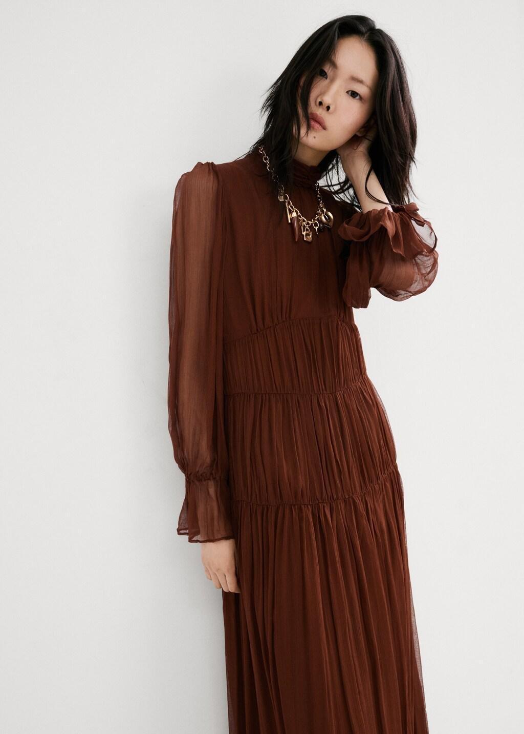 Brown Pleated Chiffon Dress, Dark Brown, large image number 3