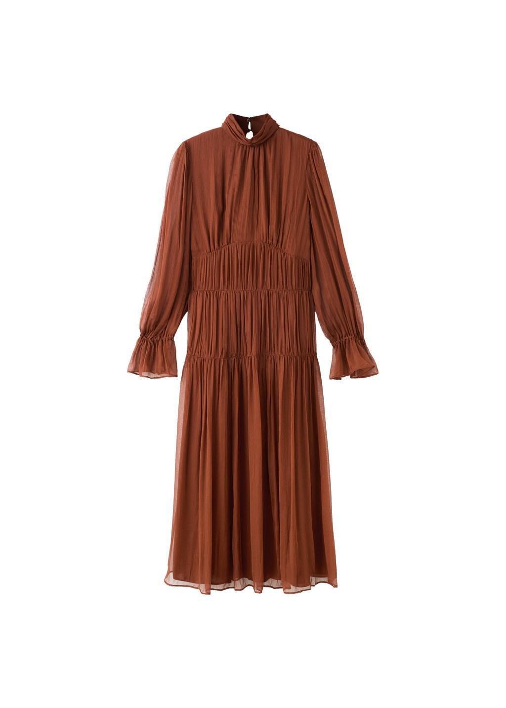 Brown Pleated Chiffon Dress, Dark Brown, large image number 6