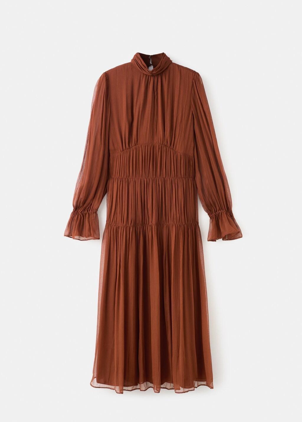 Brown Pleated Chiffon Dress, Dark Brown, large image number 7