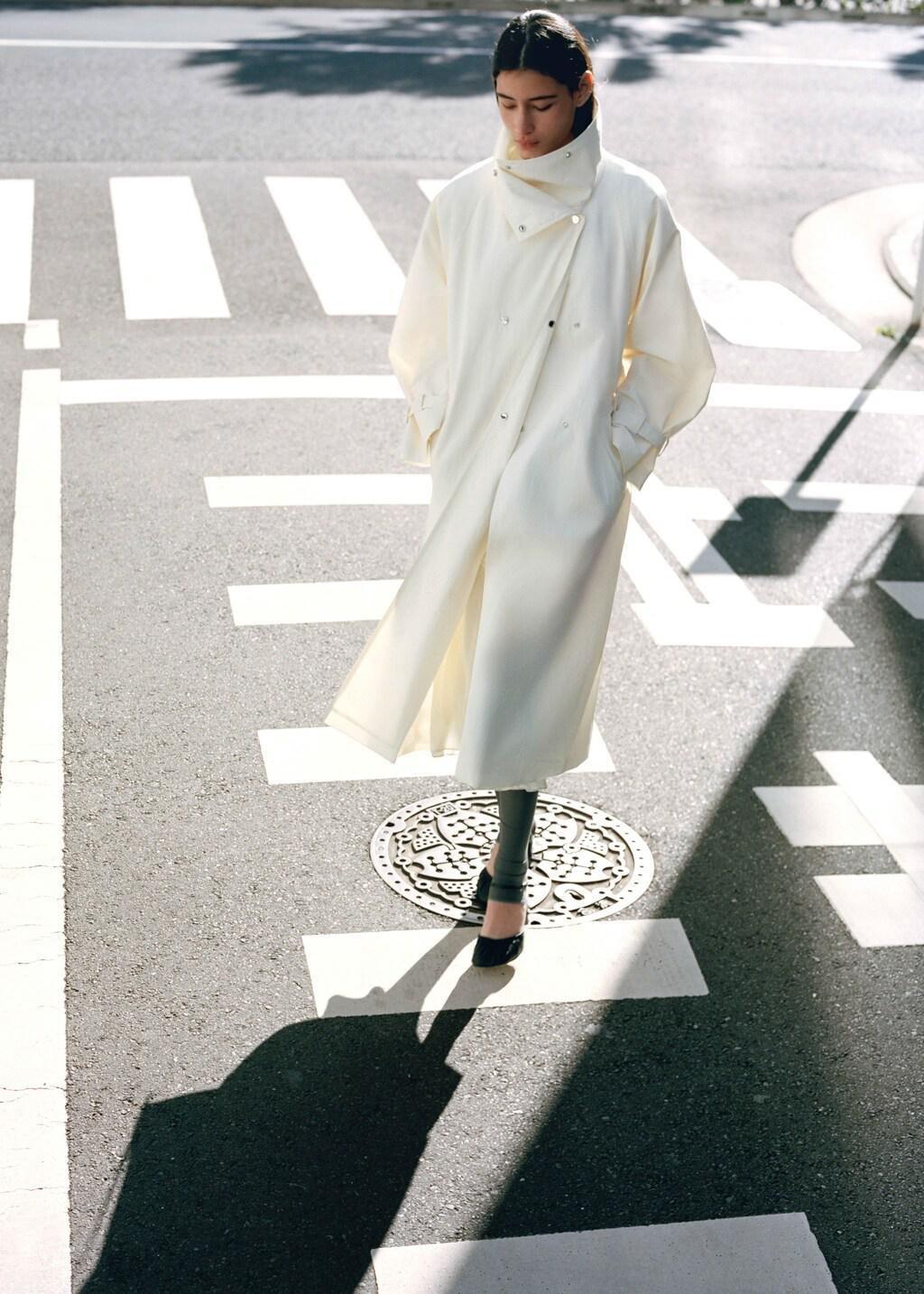 Beige Oversized Funnel Neck Trench Coat With Belt, Light Beige, medium