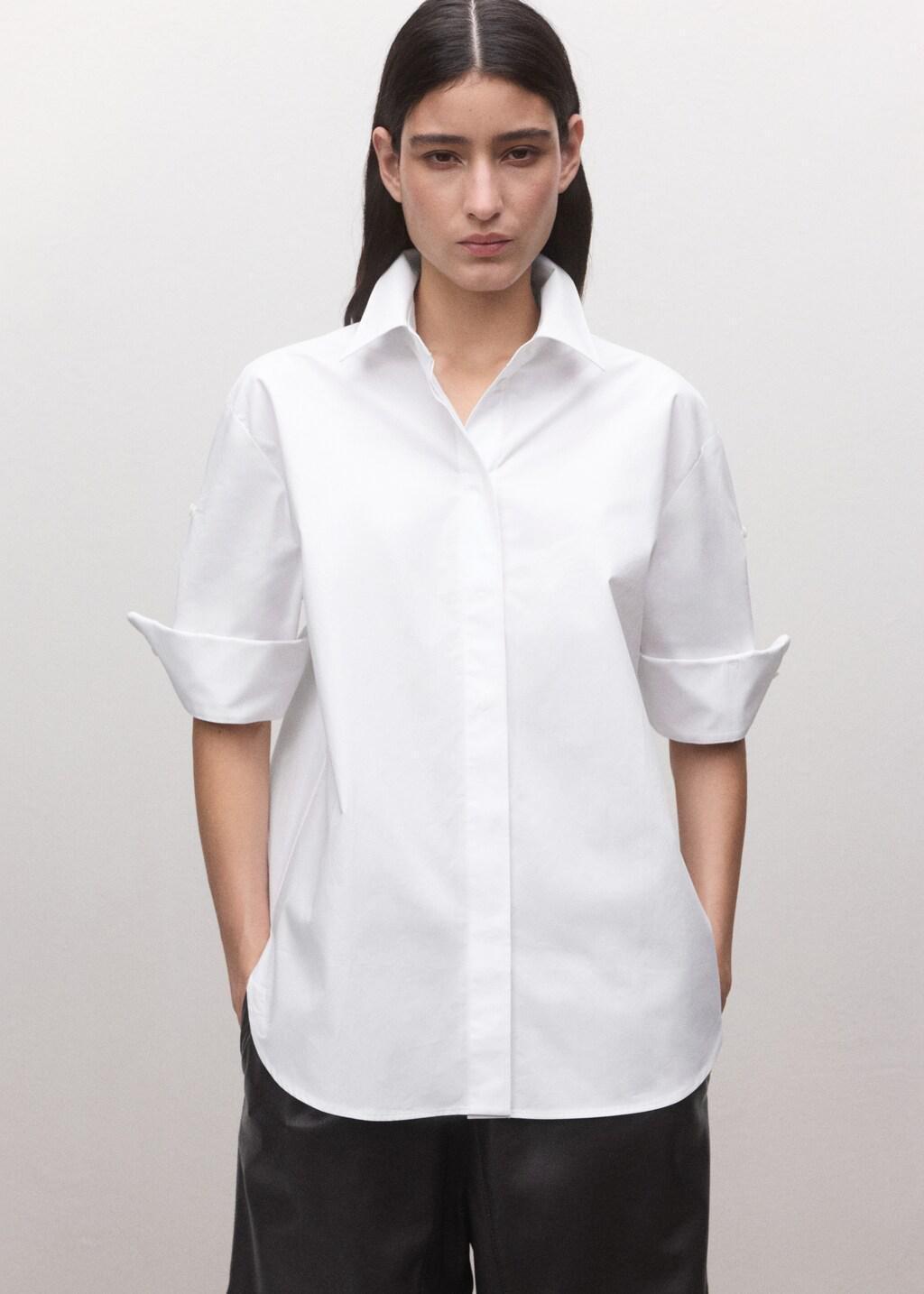 White Three-Quarter Sleeve Button-Down Shirt, White, large image number 6