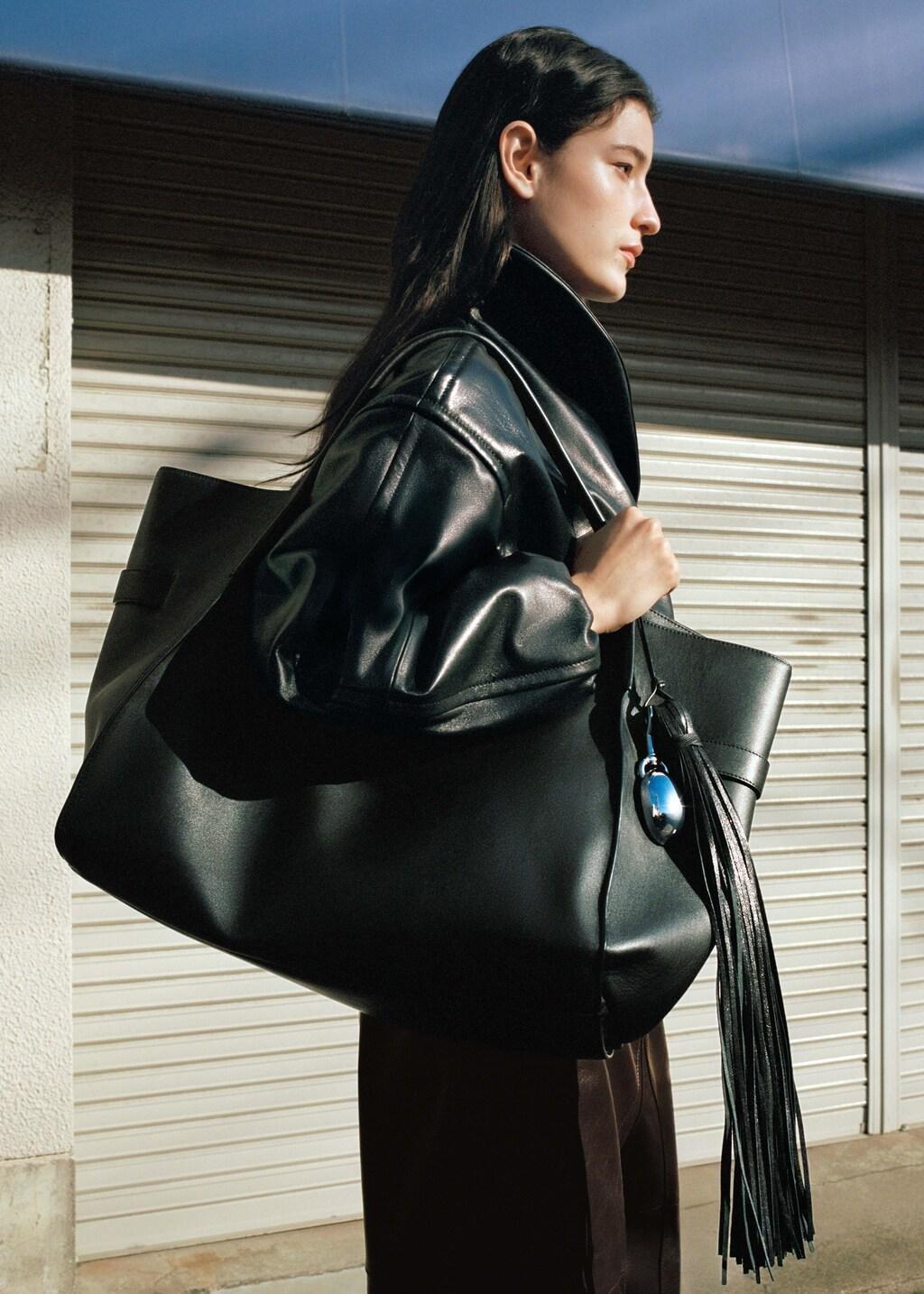 Black Leather Maxi Shopper Bag, Black, medium