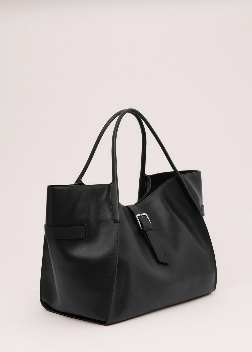 Black Leather Maxi Shopper Bag, Black, large image number 1