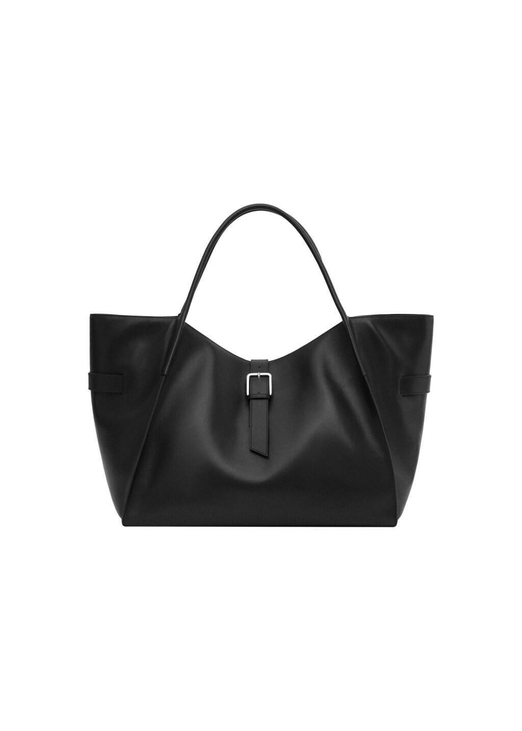 Black Leather Maxi Shopper Bag, Black, large image number 3