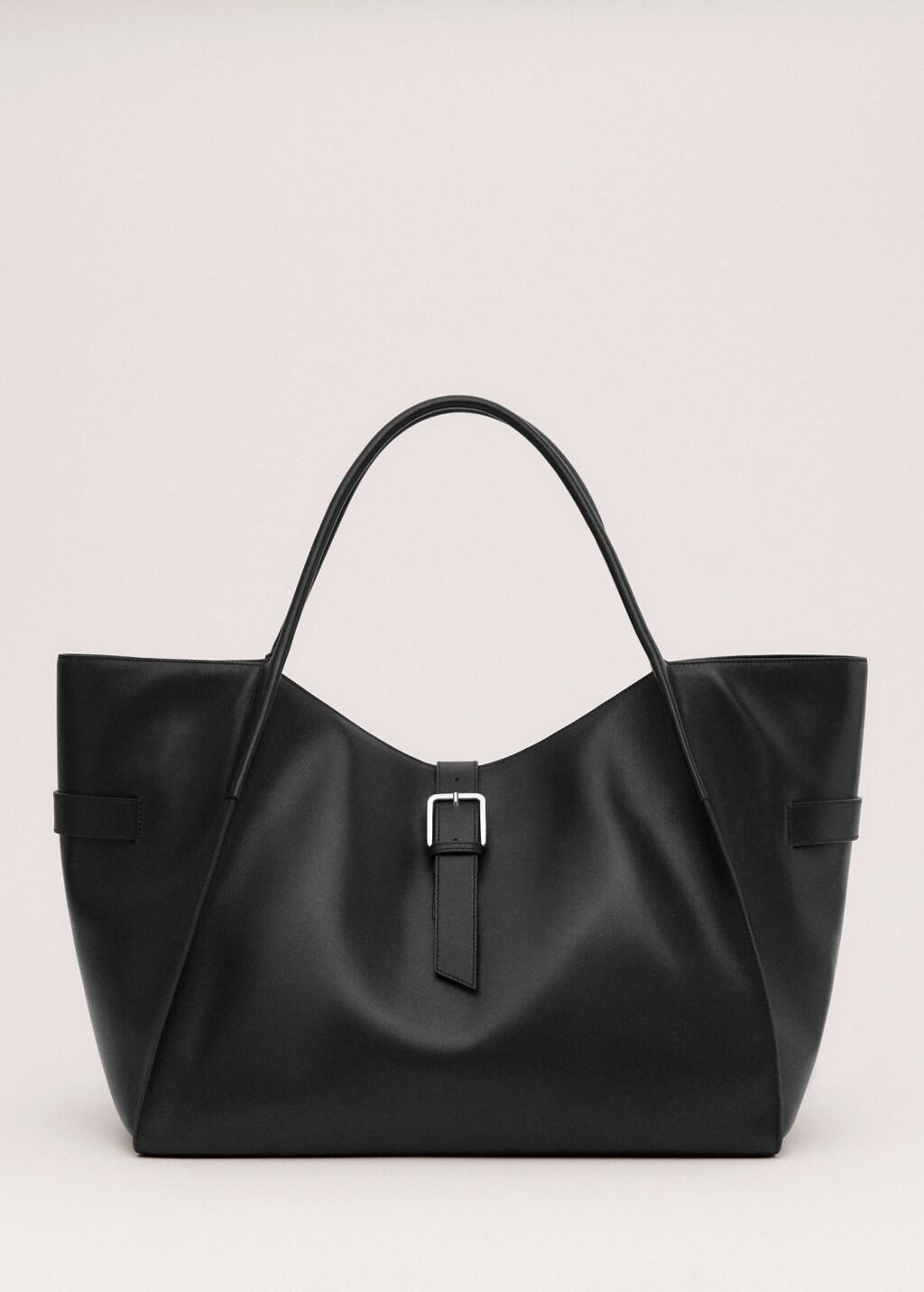 Black Leather Maxi Shopper Bag, Black, large image number 4