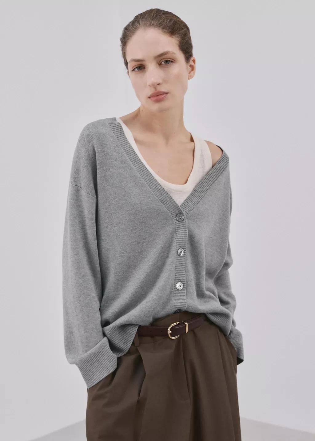 Grey V-Neck Knitted Cardigan, Medium Grey, large image number 3
