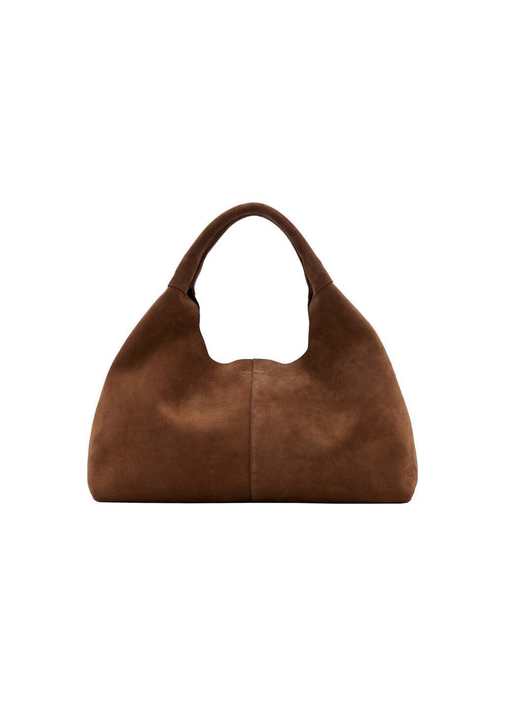 Brown Suede Shoulder Bag With Stitching, Brown, large image number 4