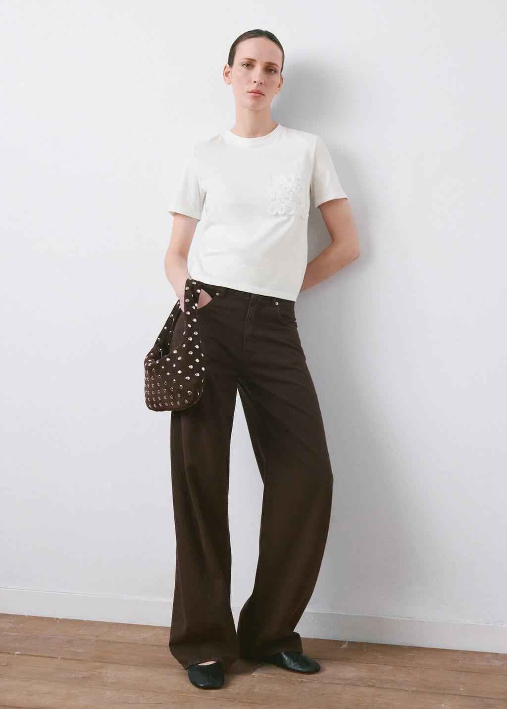 White Embroidered Cotton T-Shirt, Natural White, large image number 0