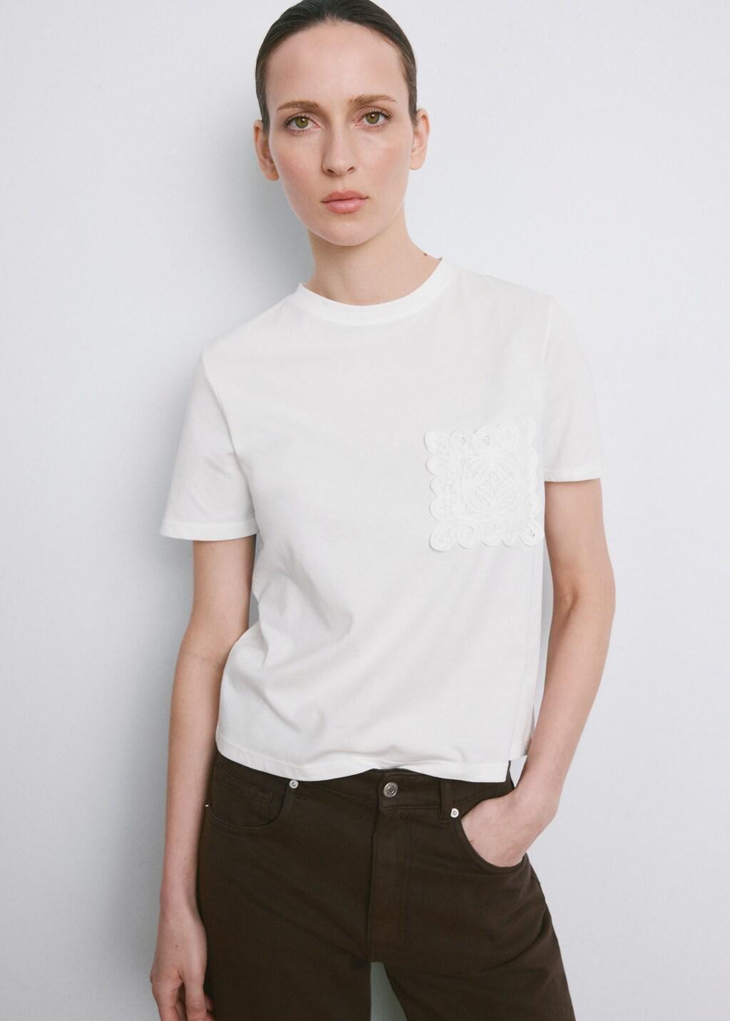 White Embroidered Cotton T-Shirt, Natural White, large image number 3