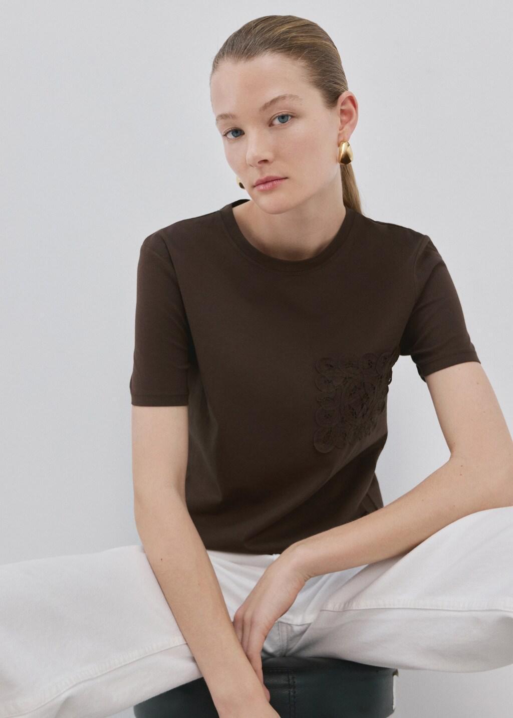 Brown Embroidered Cotton T-Shirt, 0201_32, large image number 3