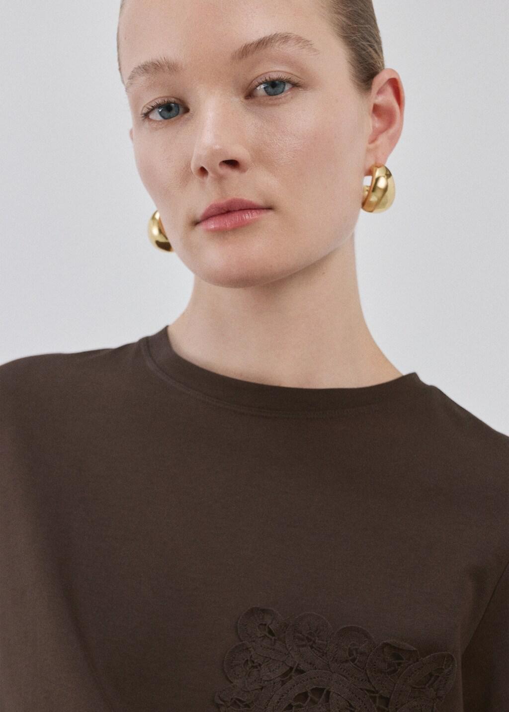 Brown Embroidered Cotton T-Shirt, 0201_32, large image number 4