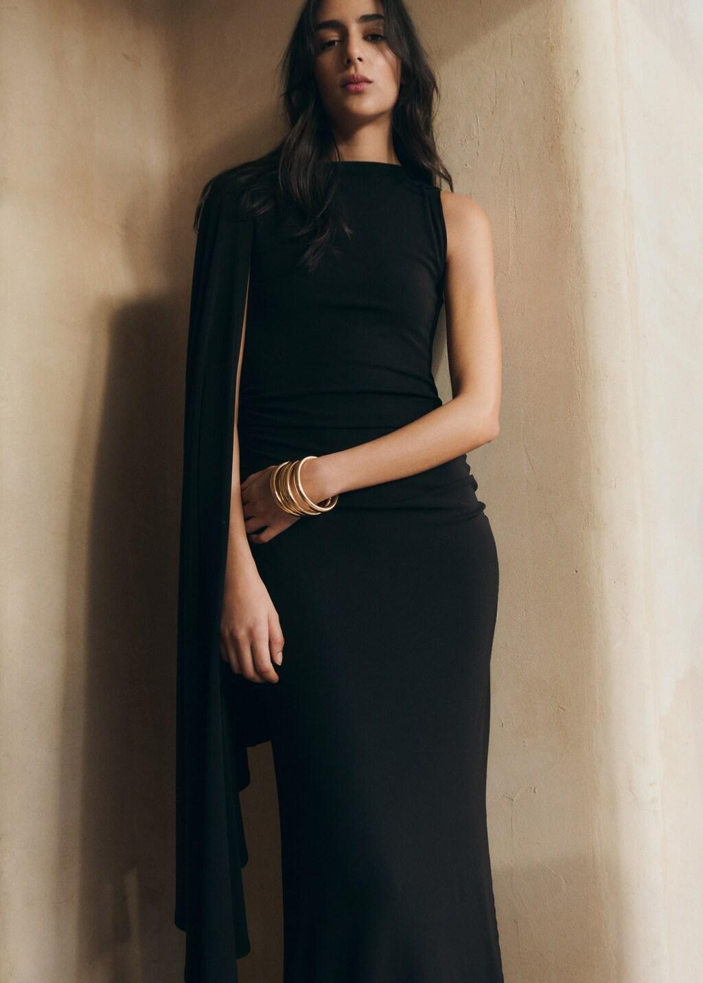 Black Asymmetric Cape Long Dress, Black, large image number 3