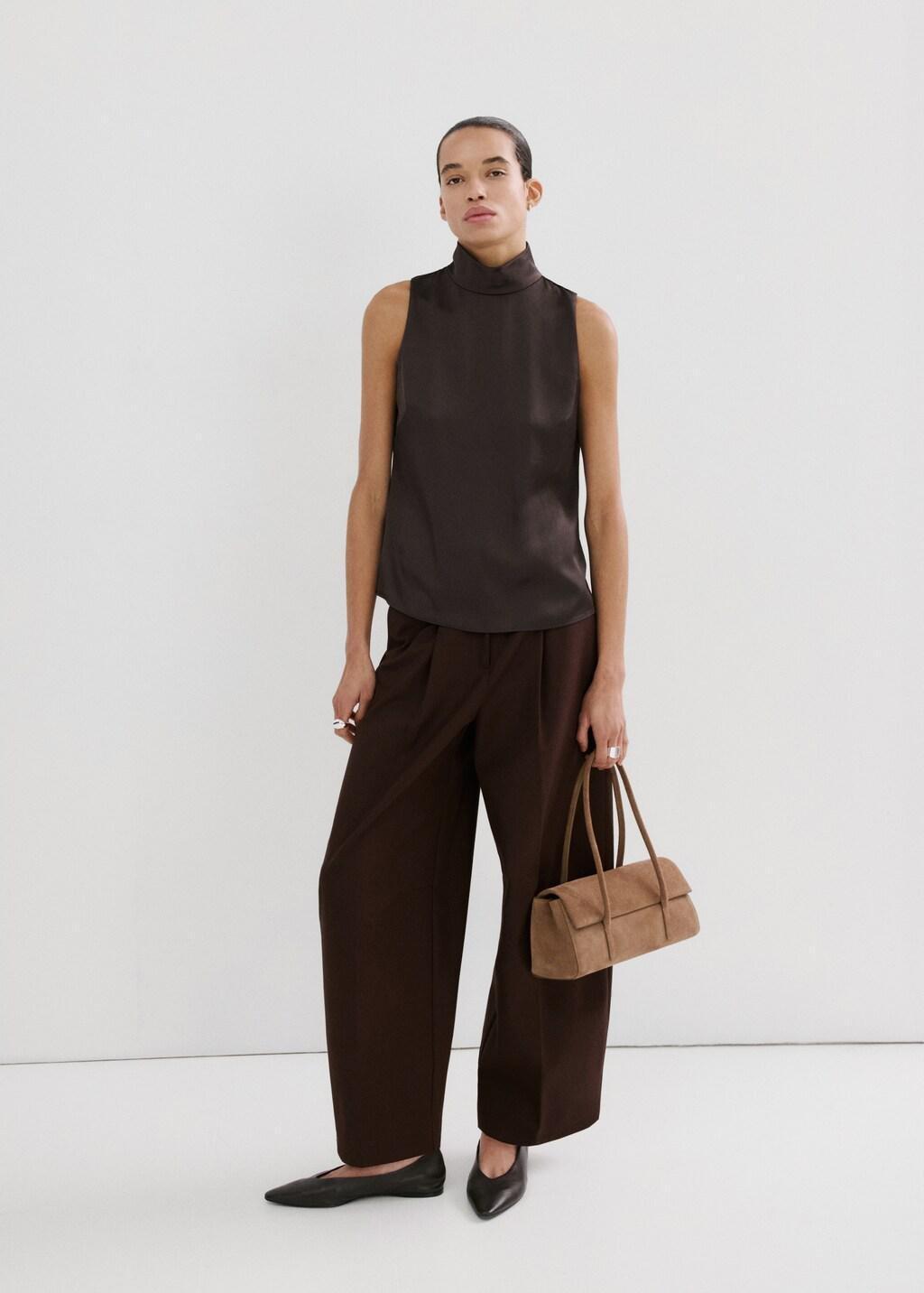Brown High Collar Satin Blouse, Dark Brown, large image number 0