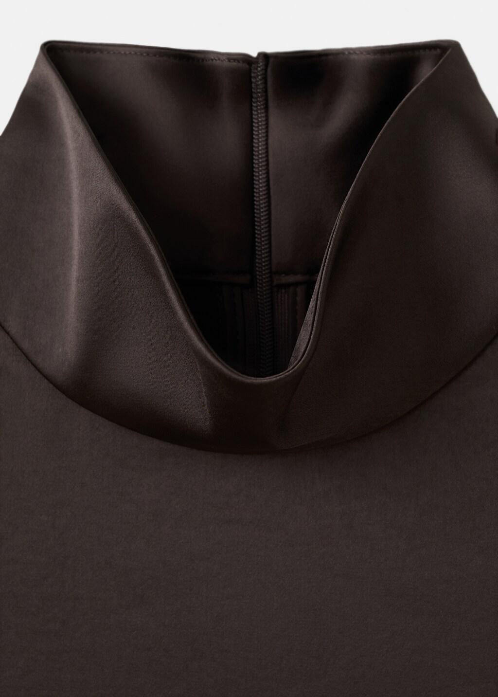 Brown High Collar Satin Blouse, Dark Brown, medium