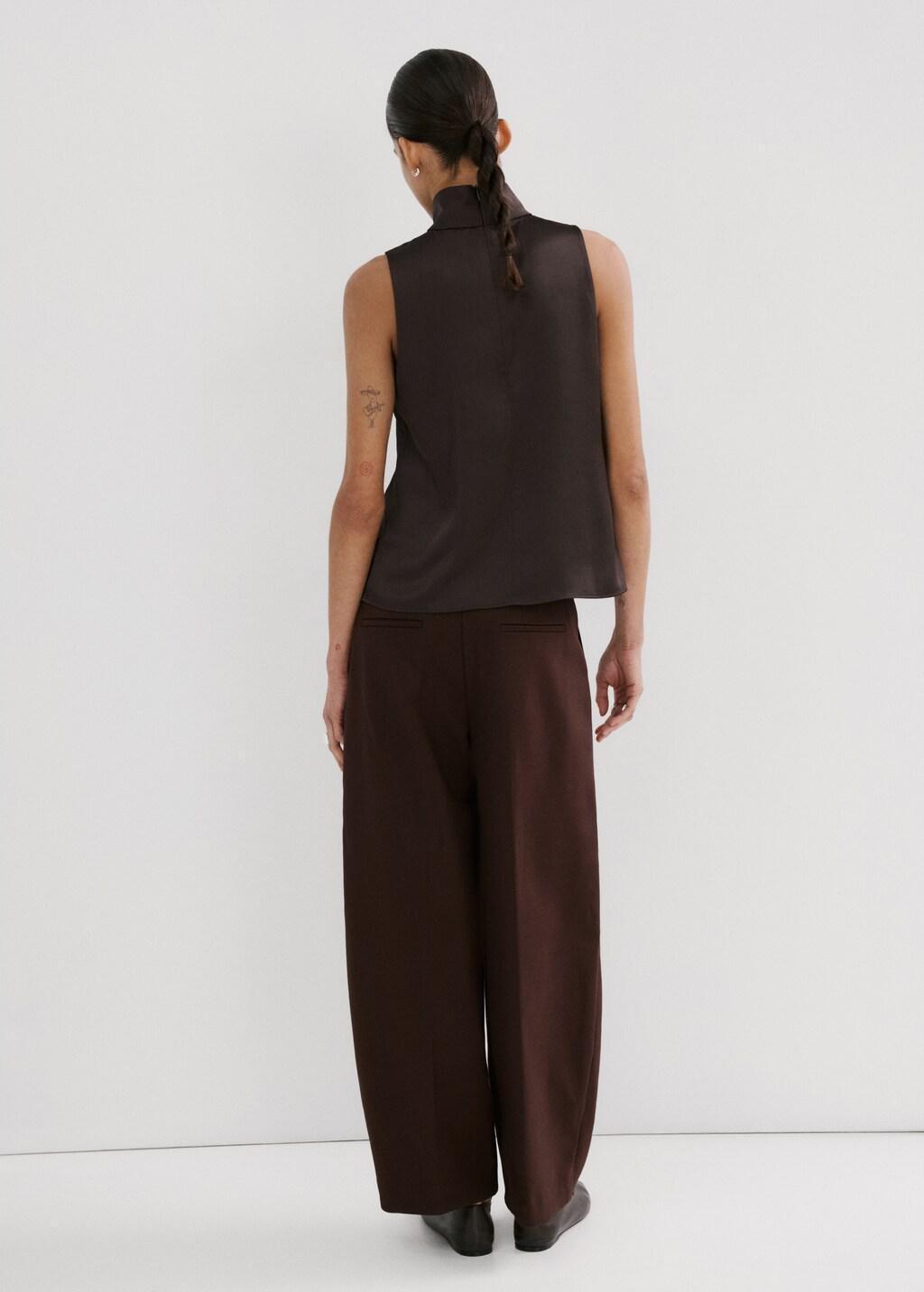 Brown High Collar Satin Blouse, Dark Brown, large image number 2