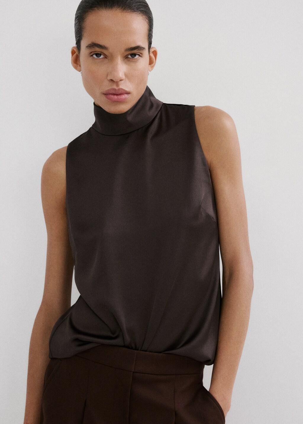Brown High Collar Satin Blouse, Dark Brown, large image number 3
