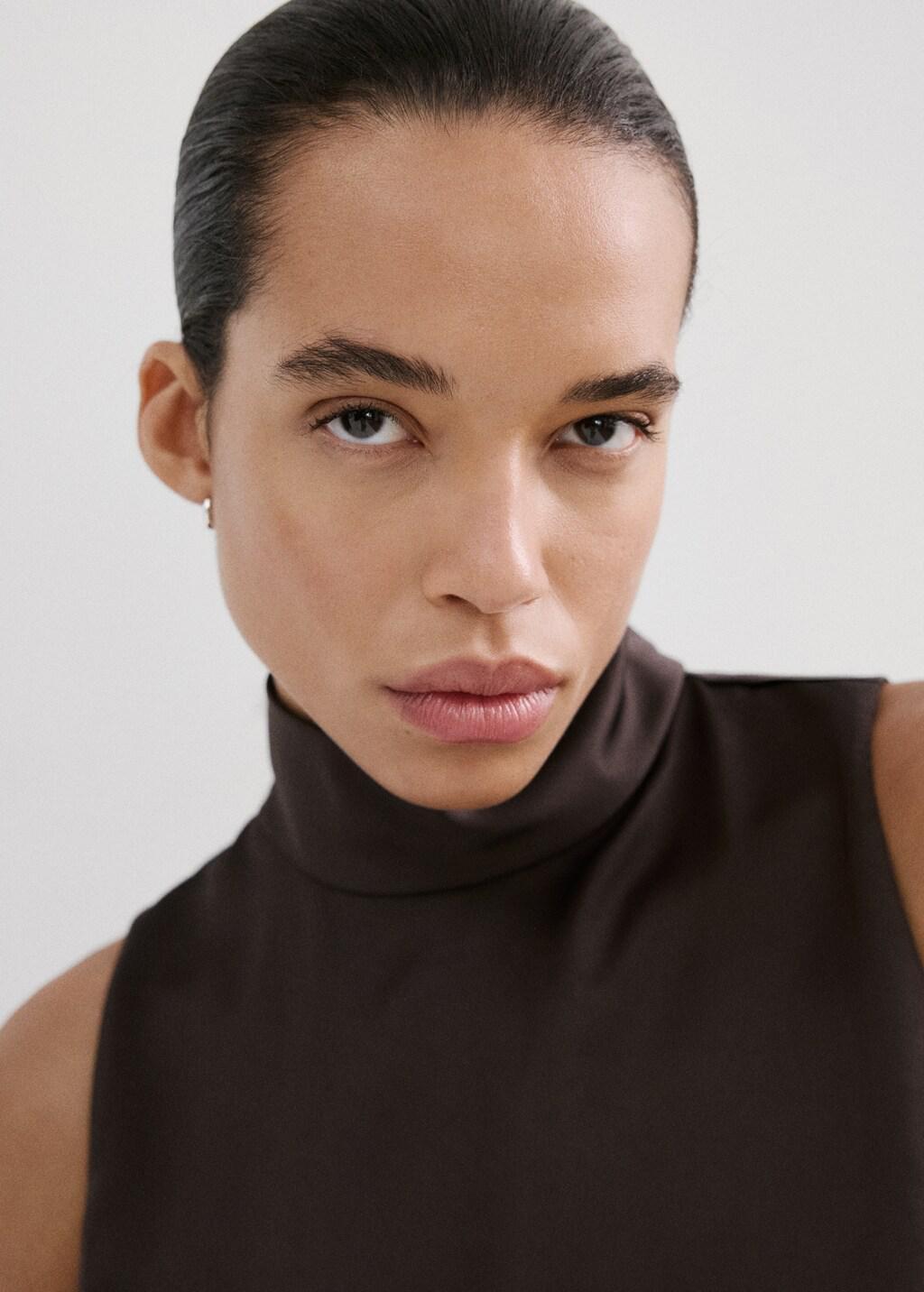 Brown High Collar Satin Blouse, Dark Brown, large image number 4