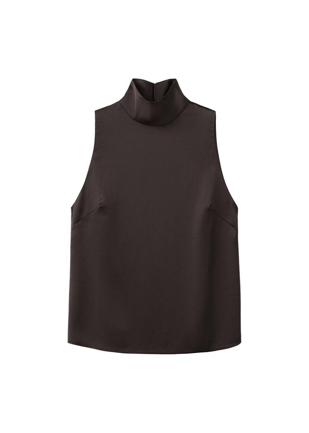 Brown High Collar Satin Blouse, Dark Brown, large image number 6