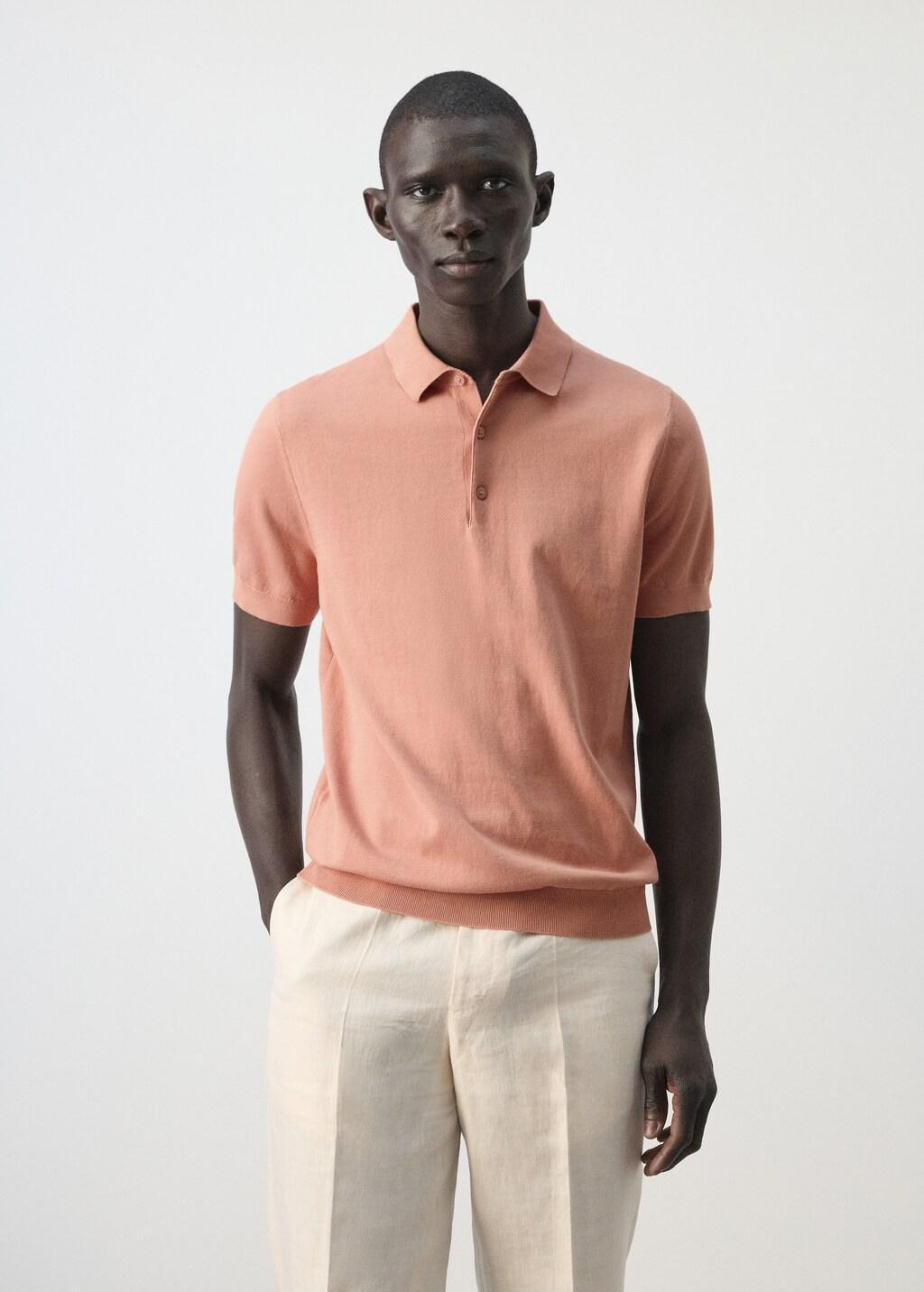 Orange Lt Pastel 100% Cotton Fine-Knit Polo Shirt, Light-Pastel Orange, large image number 3