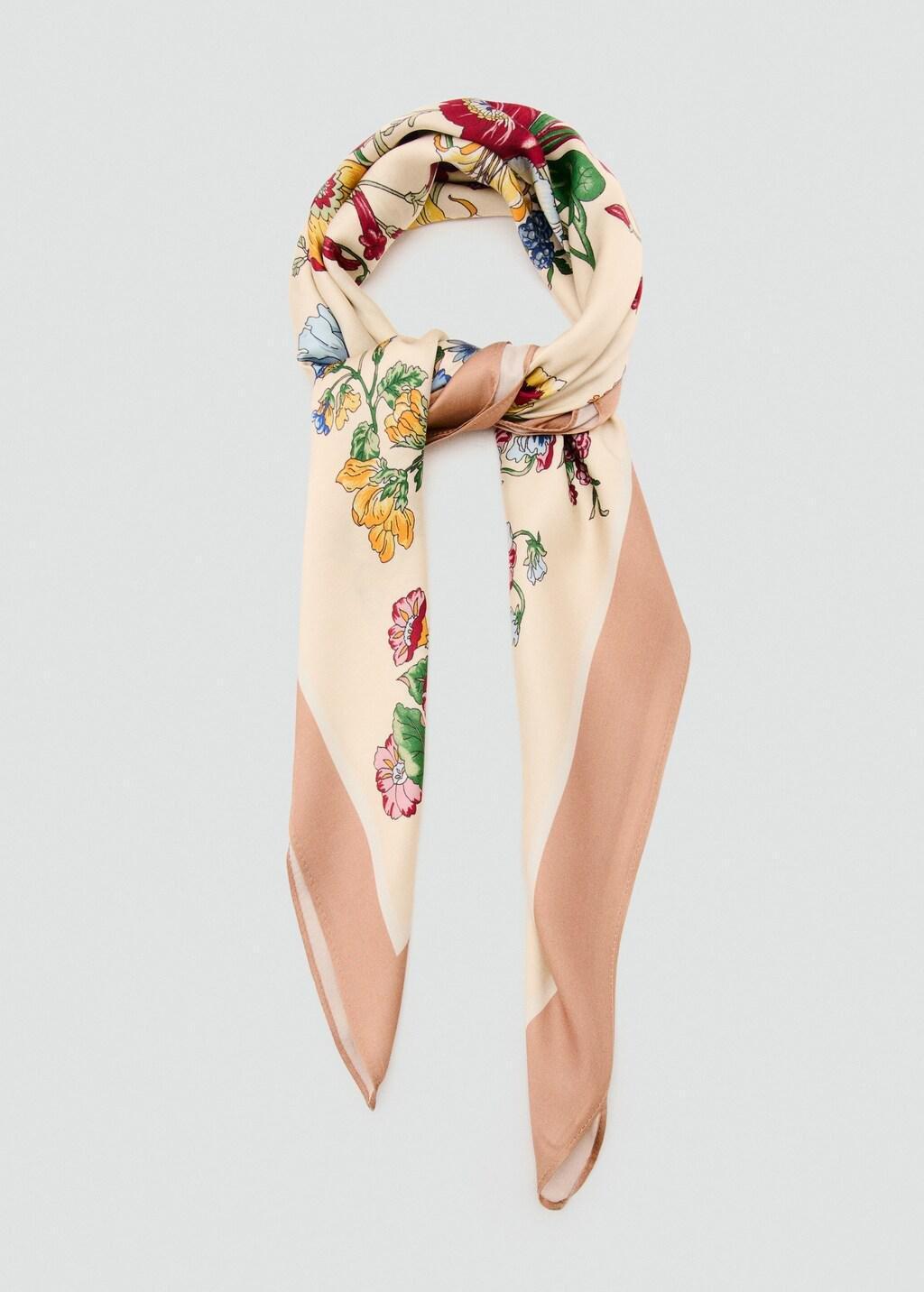 Beige Floral Satin Scarf, Light Beige, large image number 2