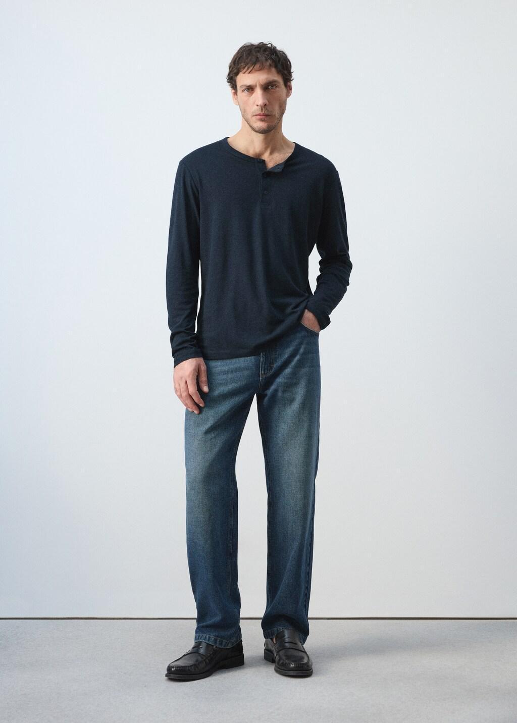 Navy Henley Linen-Blend T-Shirt, Navy, large image number 0