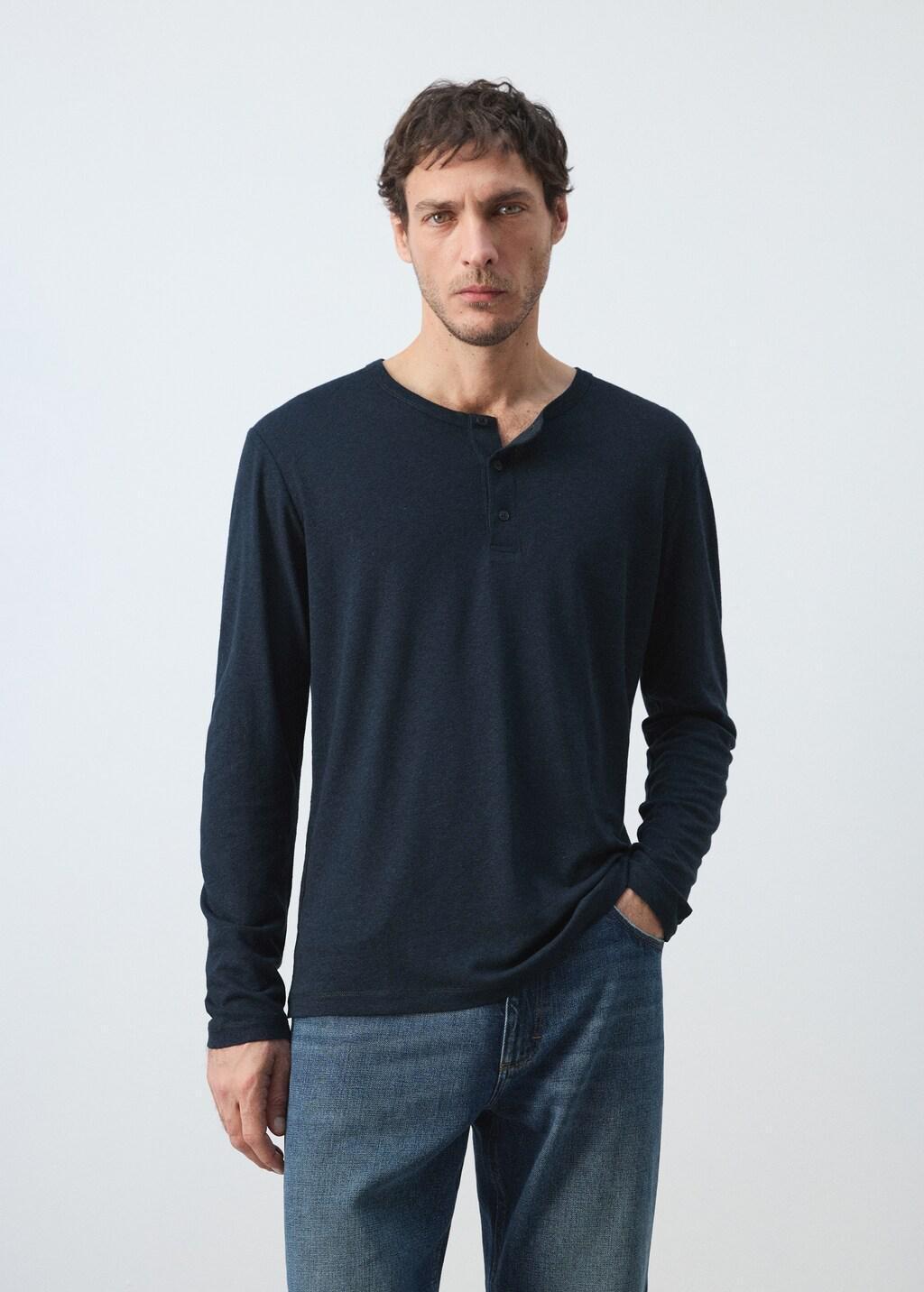 Navy Henley Linen-Blend T-Shirt, Navy, large image number 3