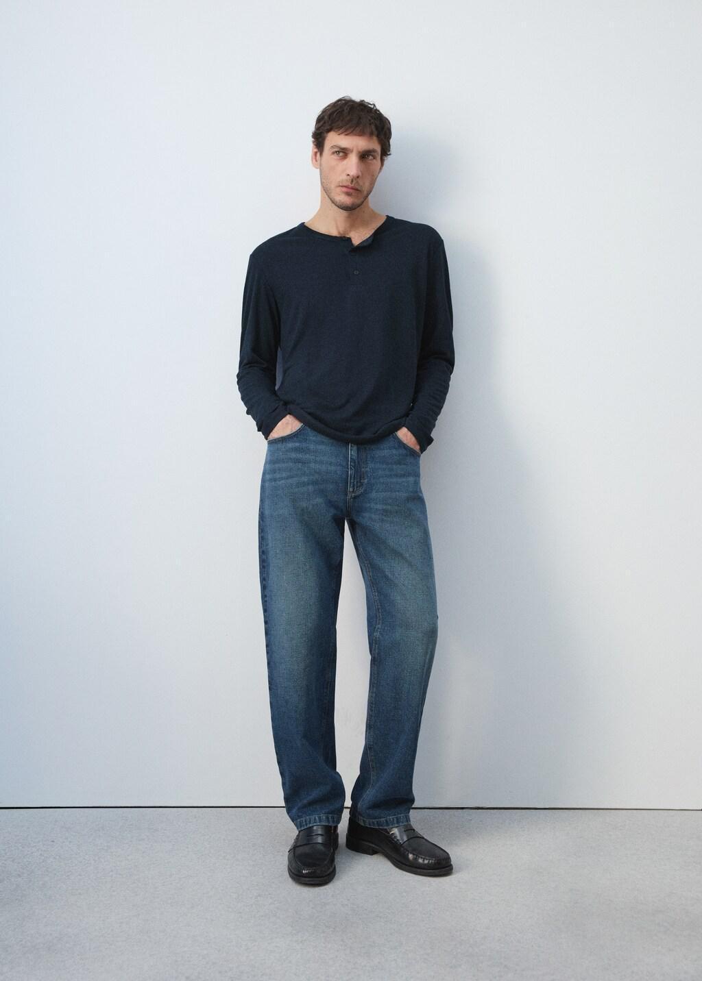 Navy Henley Linen-Blend T-Shirt, Navy, large image number 6