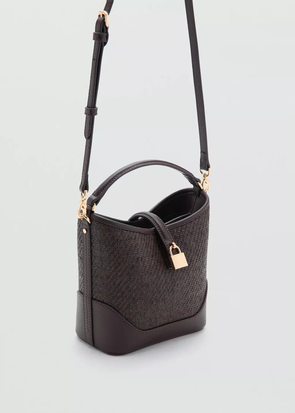 Brown Small Raffia Bucket Bag, Dark Brown, medium