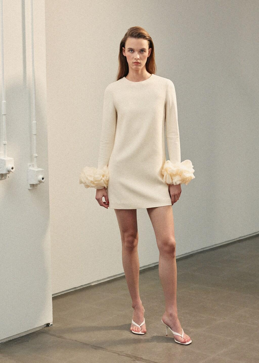 Beige Open-Back Dress With Flower Cuffs, Light Beige, large image number 0