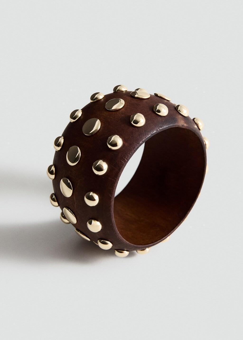 Brown Wooden Studded Bracelet, Brown, large image number 0