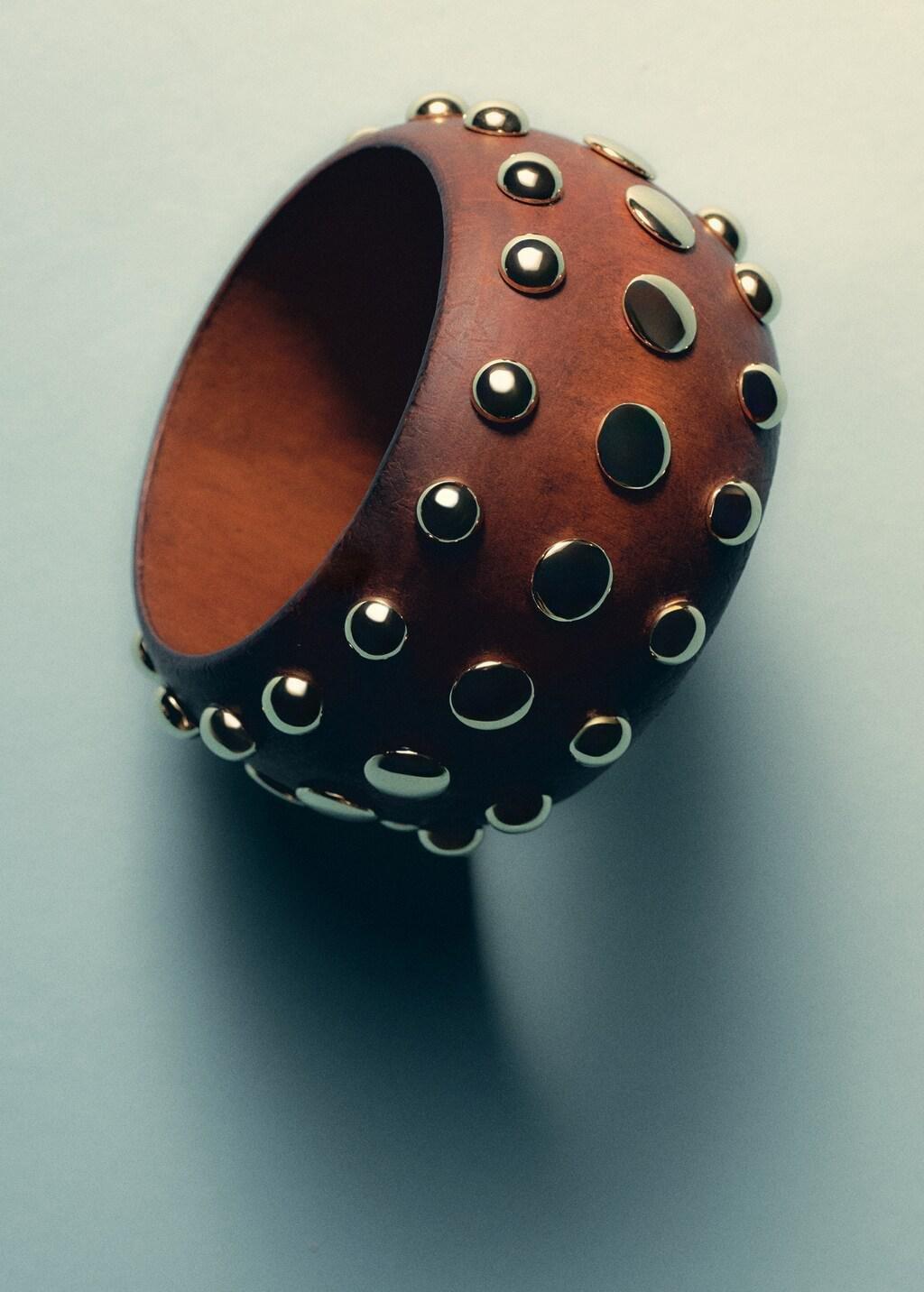 Brown Wooden Studded Bracelet, Brown, large image number 1