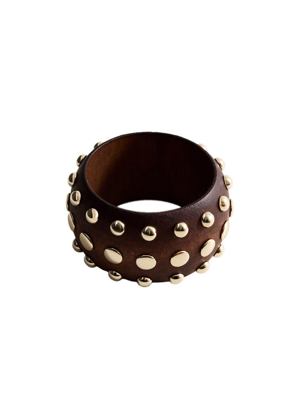 Brown Wooden Studded Bracelet, Brown, medium
