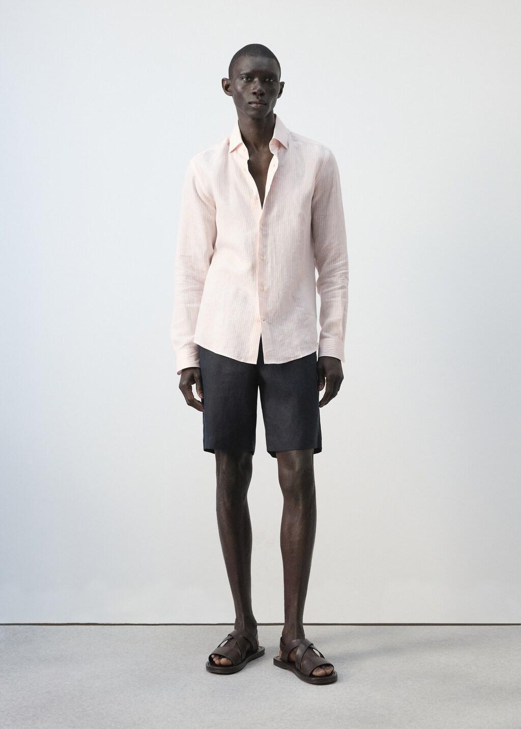 Orange Lt Pastel Slim Fit 100% Linen Striped Shirt, Light-Pastel Orange, large image number 0