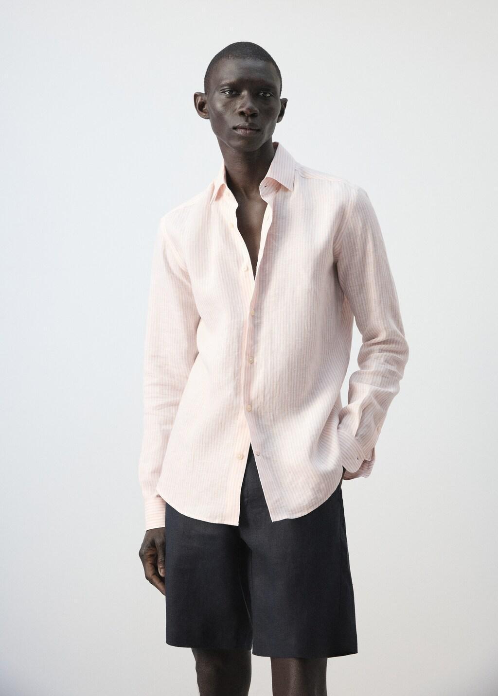 Orange Lt Pastel Slim Fit 100% Linen Striped Shirt, Light-Pastel Orange, large image number 3