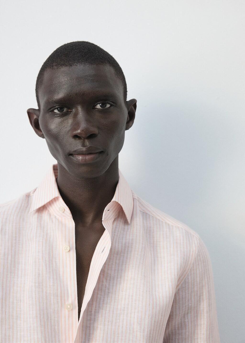 Orange Lt Pastel Slim Fit 100% Linen Striped Shirt, Light-Pastel Orange, large image number 4