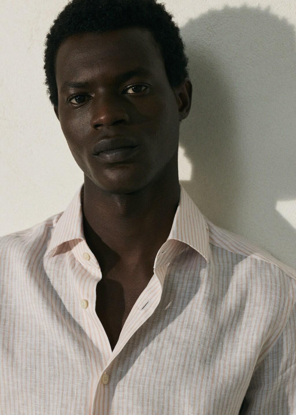 Orange Lt Pastel Slim Fit 100% Linen Striped Shirt, Light-Pastel Orange, large image number 6