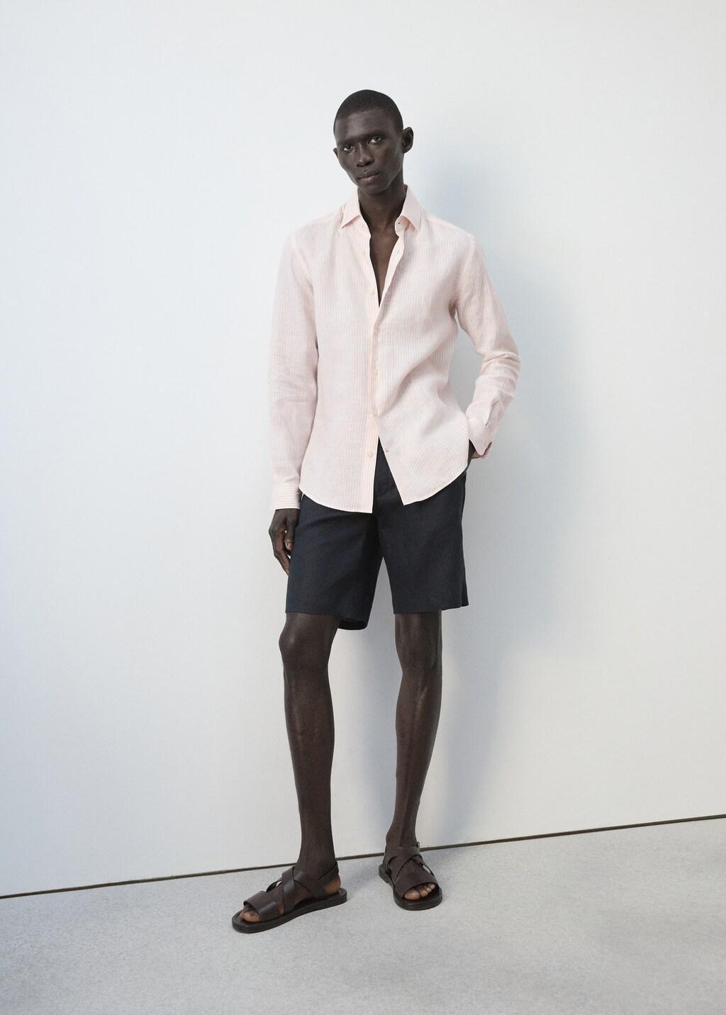 Orange Lt Pastel Slim Fit 100% Linen Striped Shirt, Light-Pastel Orange, large image number 7