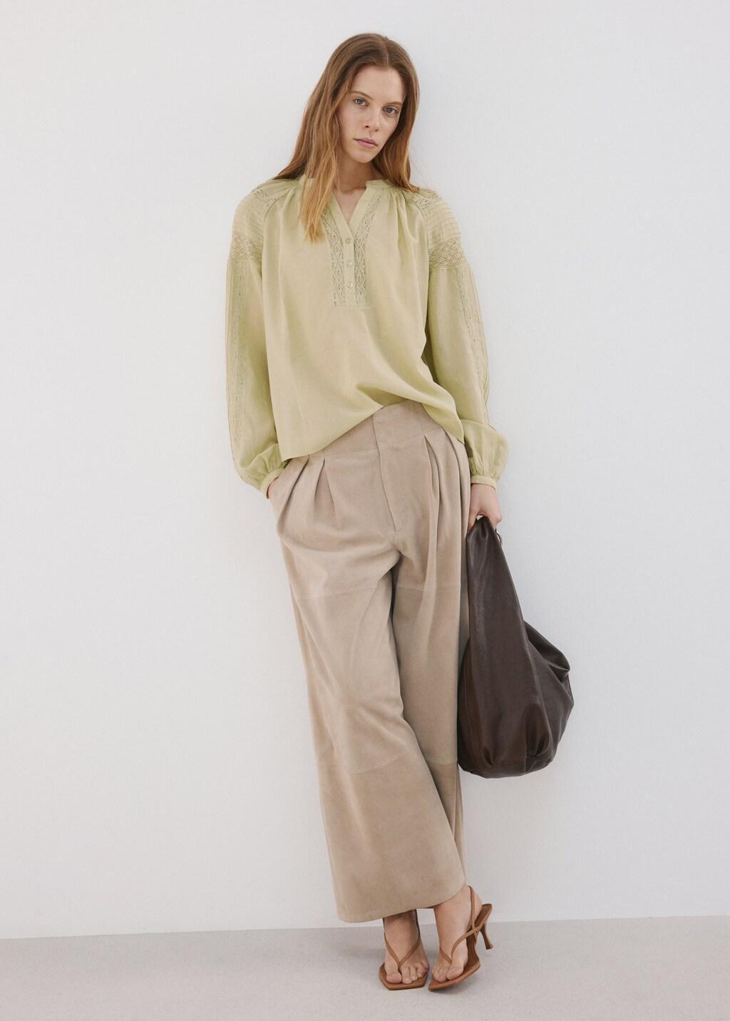 Green Embroidered Openwork Blouse, Green, medium