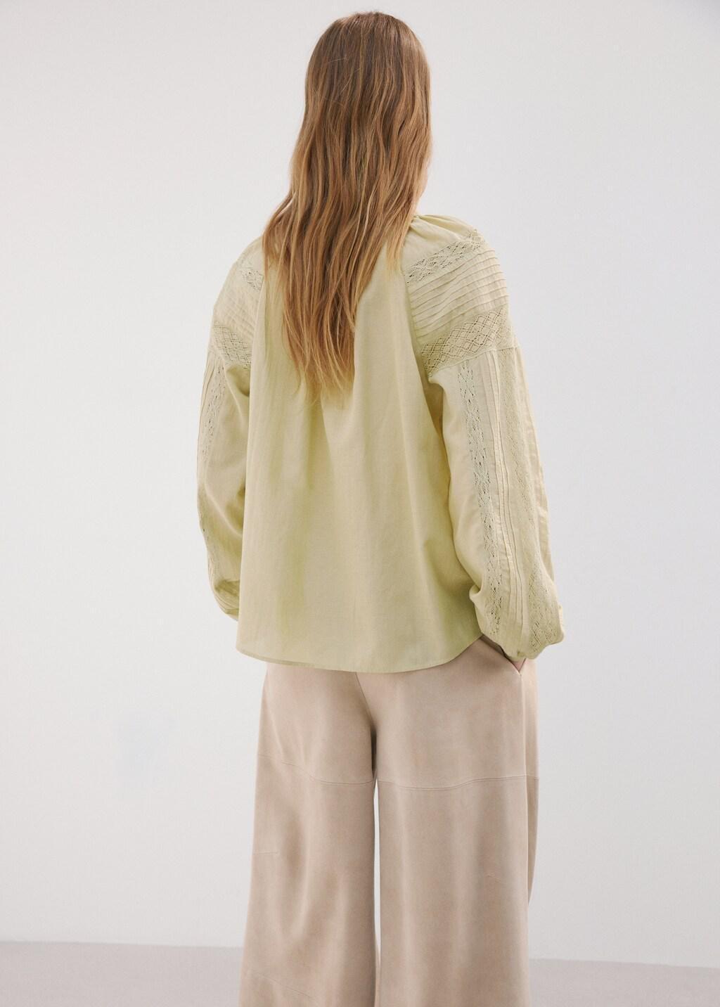 Green Embroidered Openwork Blouse, Green, medium