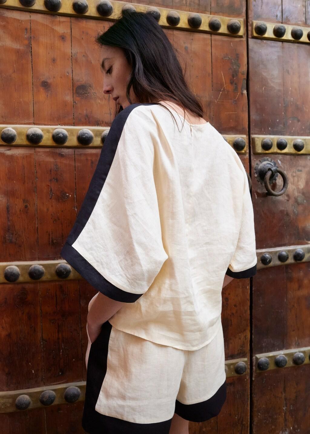Cream Linen Blouse With Contrasting Stripes, Light Beige, medium
