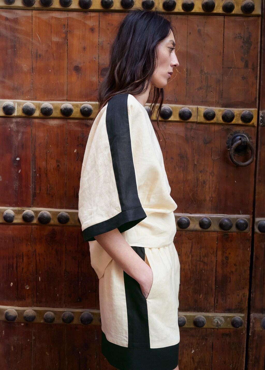 Cream Linen Blouse With Contrasting Stripes, Light Beige, large image number 3