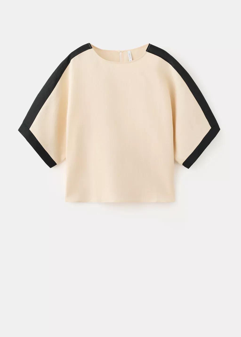 Cream Linen Blouse With Contrasting Stripes, Light Beige, large image number 6