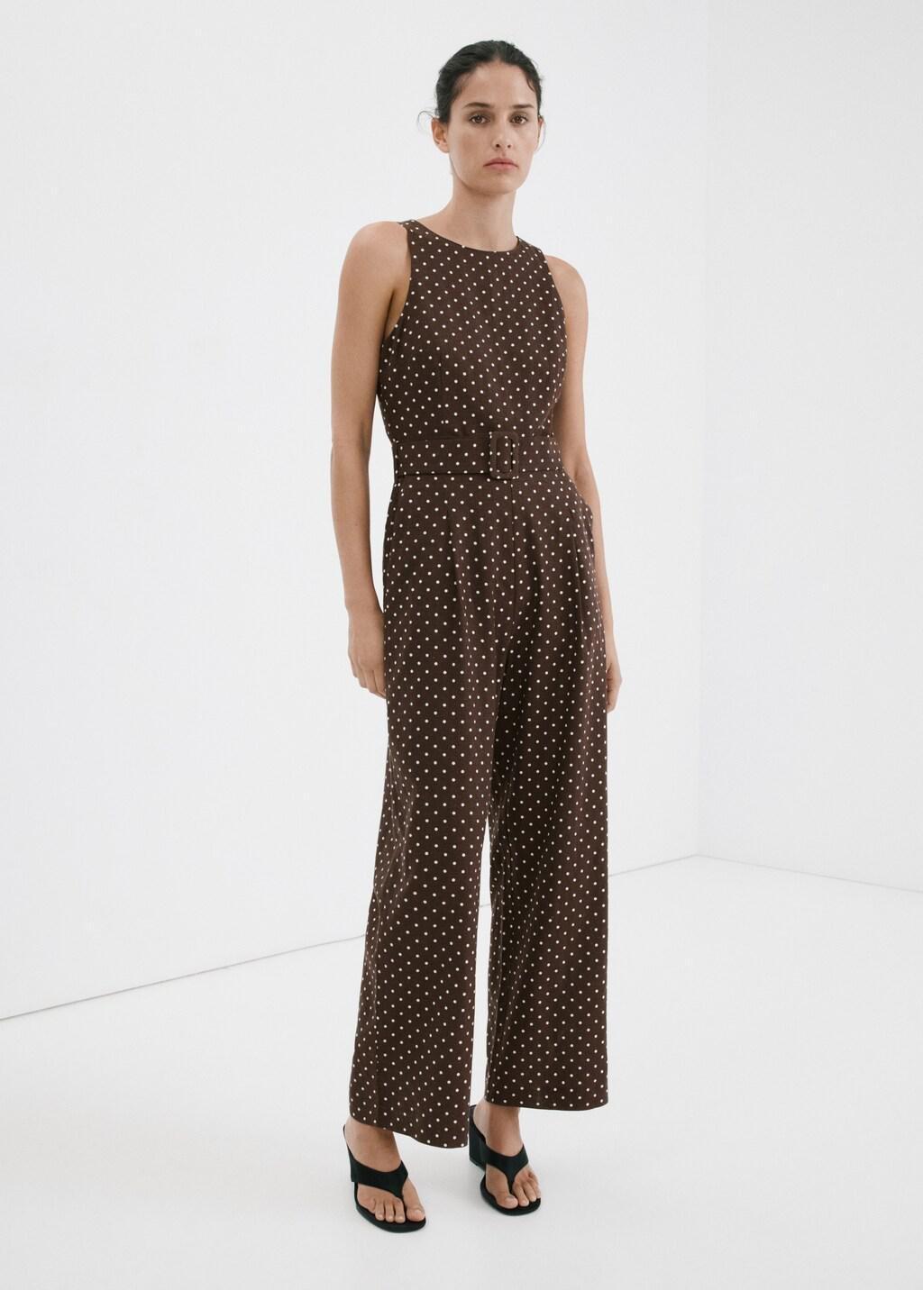 Brown Linen Jumpsuit With Polka-Dot Belt, Dark Brown, large image number 0