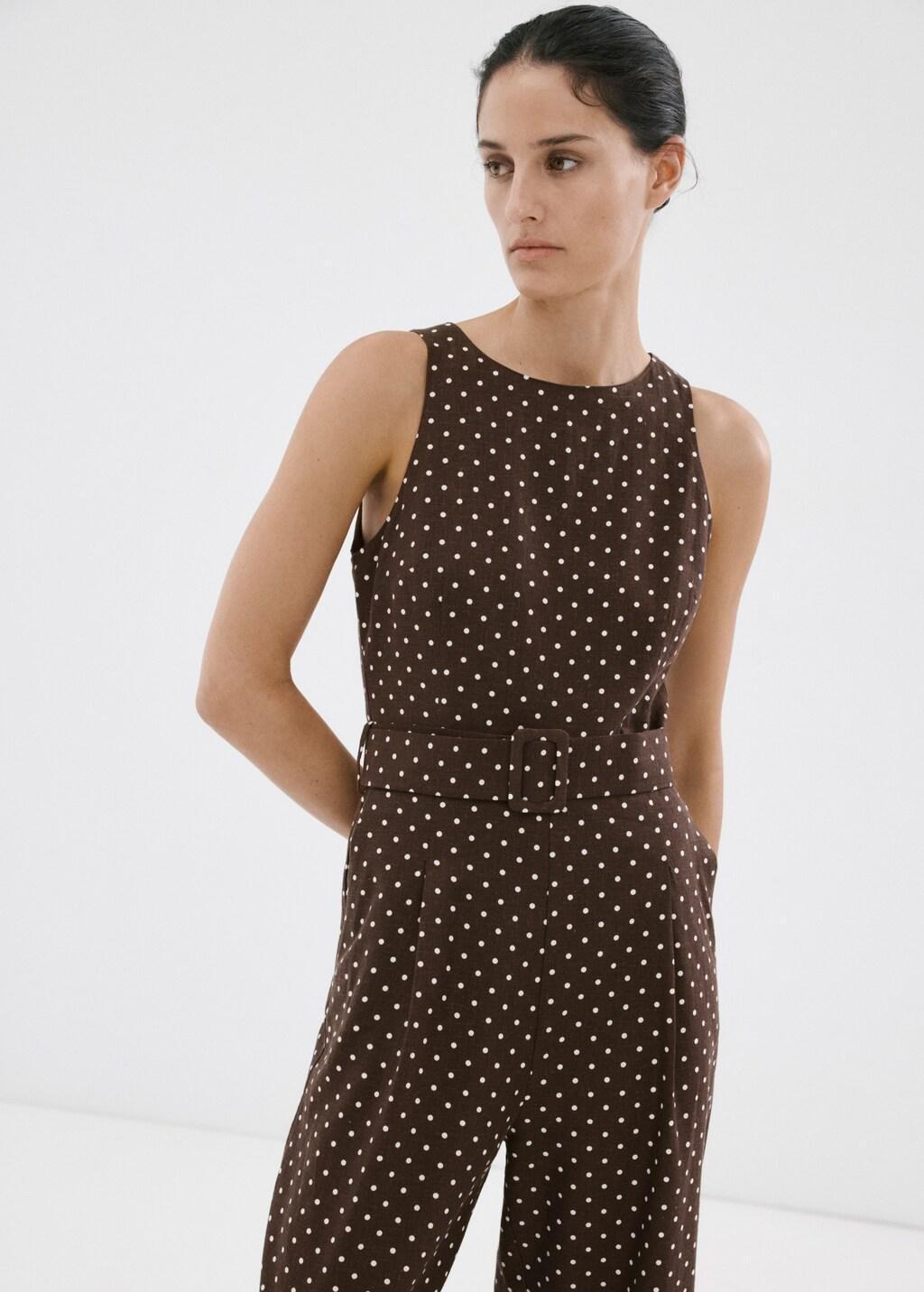 Brown Linen Jumpsuit With Polka-Dot Belt, Dark Brown, large image number 3