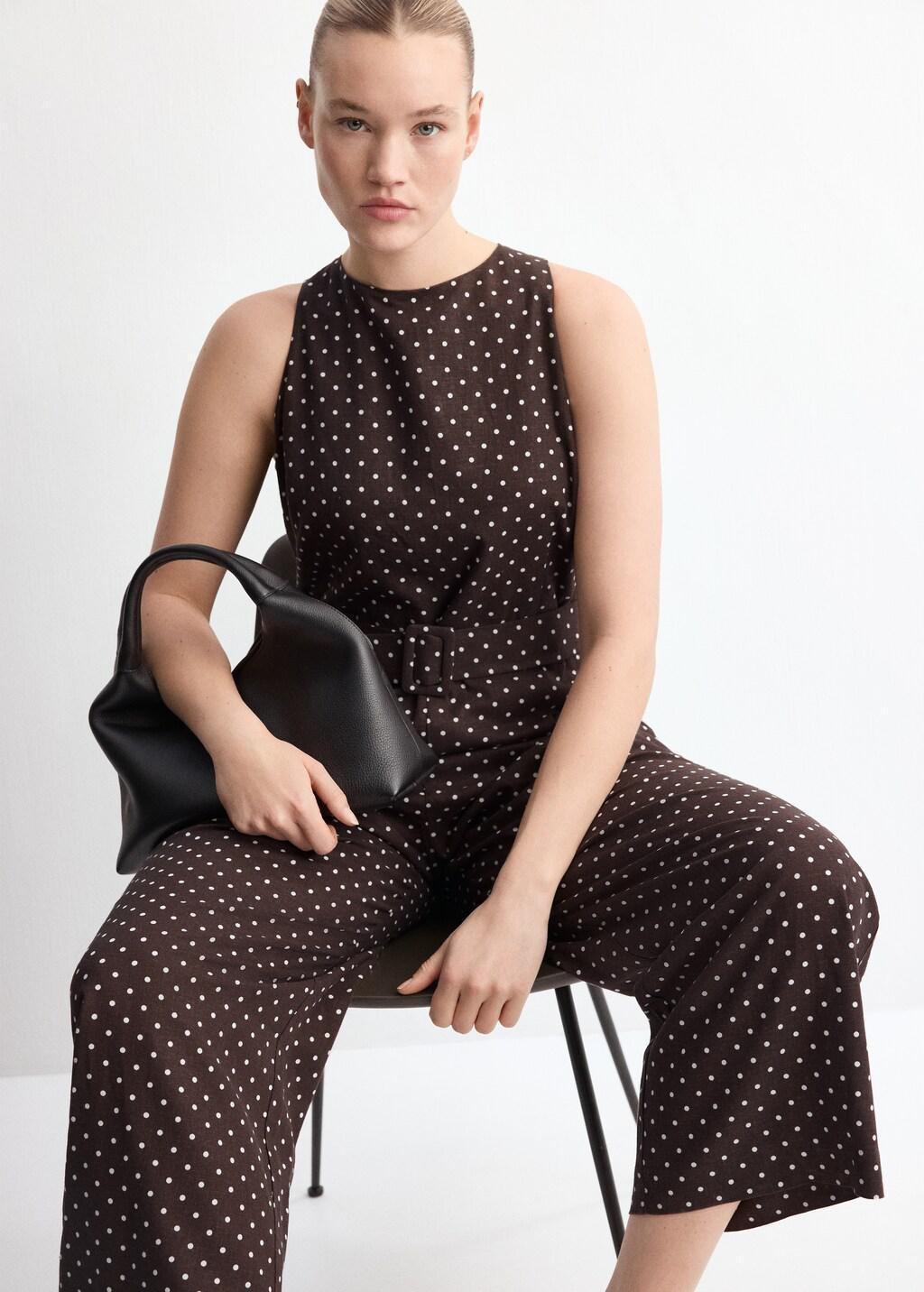 Brown Linen Jumpsuit With Polka-Dot Belt, Dark Brown, large image number 6